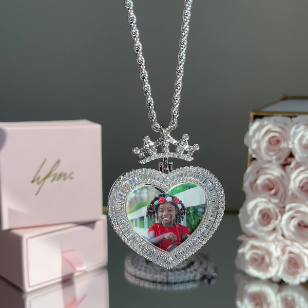 Crown Baguette Heart Custom Photo Necklace