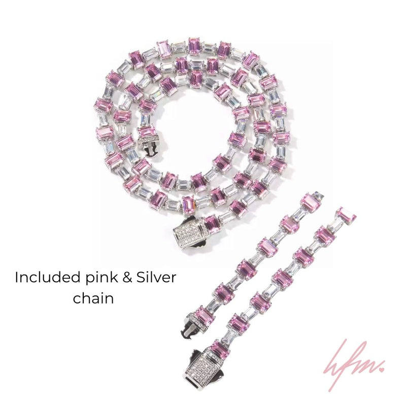 Pink and silver baguette chain necklace