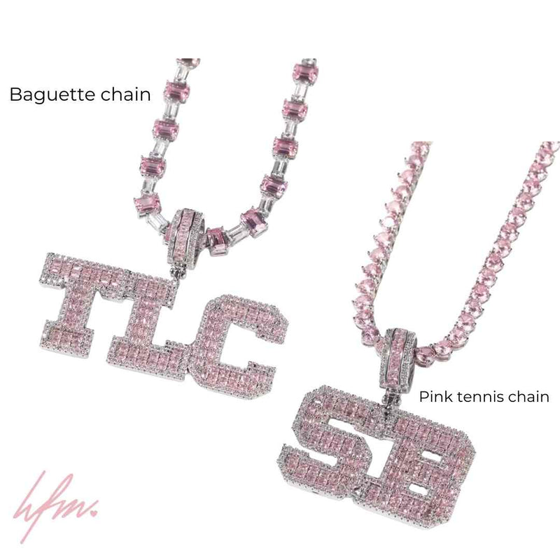 Pink Custom Name varsity Initial necklace with pink tennis chain or baguette chain  - Her Fashion Muse