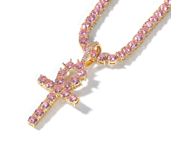 Pink Icy Ankh Necklace