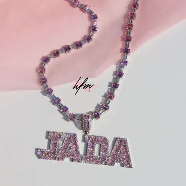 Pink Custom Name varsity Initial necklace with pink tennis chain or baguette chain - Her Fashion Muse