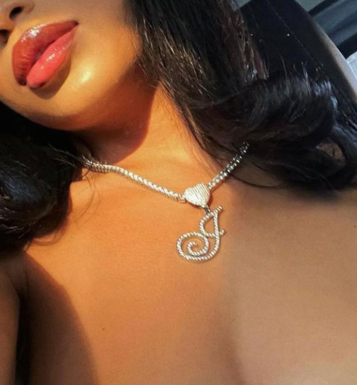 GOLD ICY CURSIVE INITIAL PENDANT WITH CUBAN NECKLACE - Her Fashion Muse