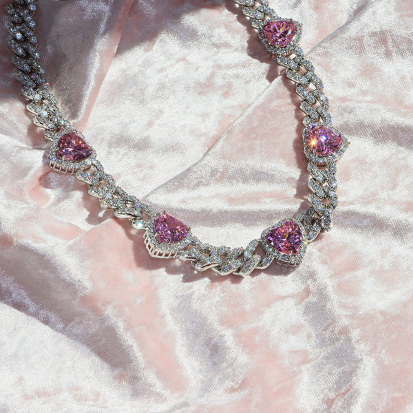 Pink Heart Iced Cuban Necklace